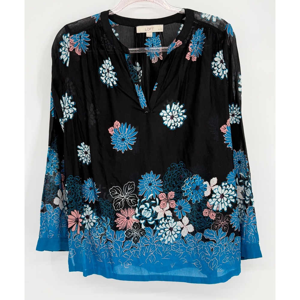 LOFT Petites Black Blue Floral Border Print Split Neck Blouse Cotton Rayon Sz SP